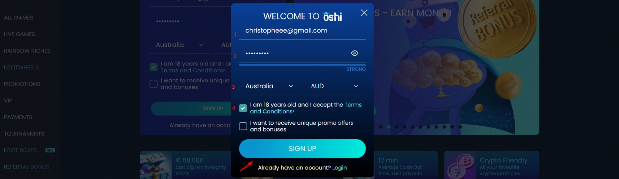 Oshi Casino registration page for new Australian players